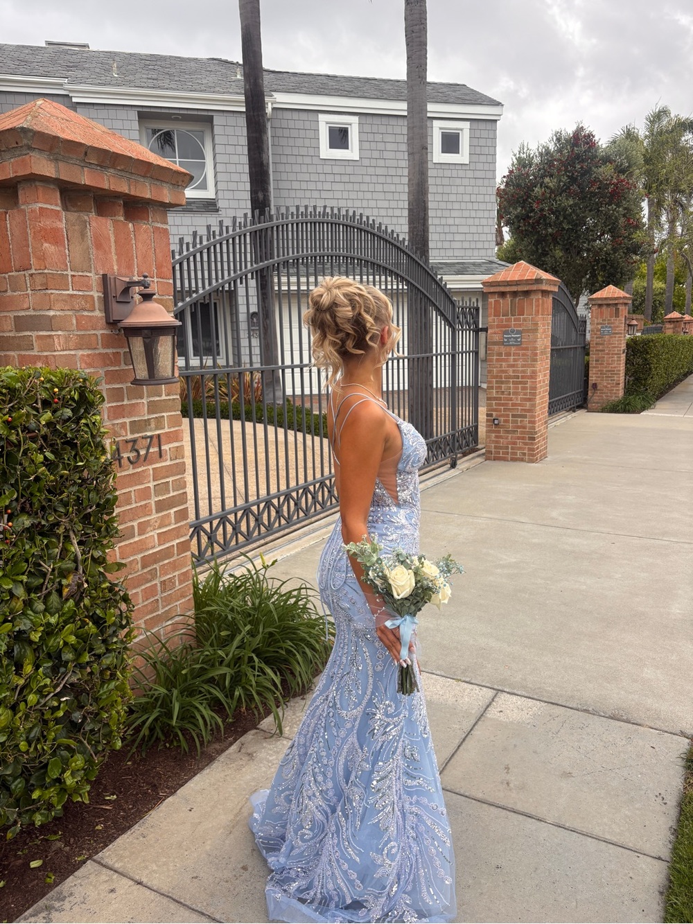 Sherri Hill Light Blue Beaded Prom Dress with Thigh Slit - Picture 6 of 8